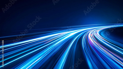 Abstract blue background with blurred light trails representing fast data transfer and innovation.
