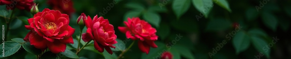 Red floribunda roses in full bloom against a lush dark green background, blooming, floribunda Red floribunda roses in full bloom against a lush dark green background, blooming, floribunda