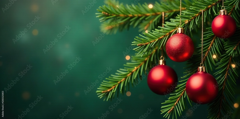 Red and green fir branch with Christmas balls, christmas balls, festive Red and green fir branch with Christmas balls, christmas balls, festive