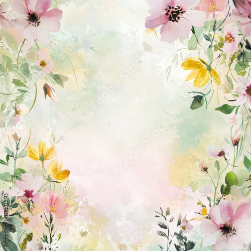 Floral Dreamscape: A stunning composition of delicate watercolor blooms, gracefully arranged to frame an ethereal backdrop of soft pastel hues, capturing the essence of spring's beauty and elegance.
