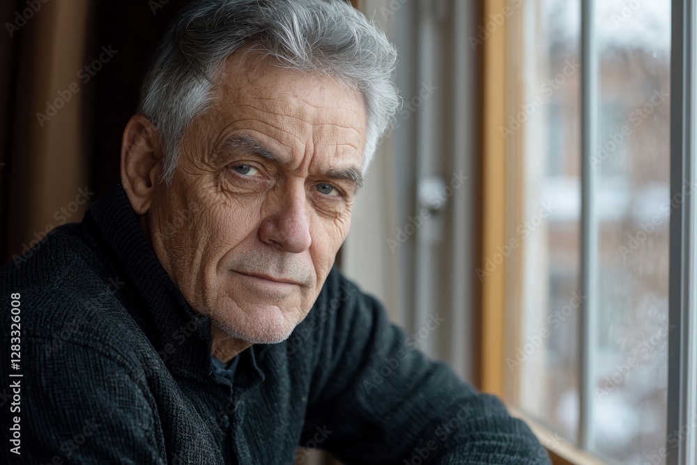 Man with a thoughtful expression gazes out of a window on a cold winter day