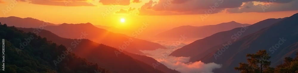 sun rises over mountains with golden hues of sunrise illuminating misty valleys, dawn, golden sun rises over mountains with golden hues of sunrise illuminating misty valleys, dawn, golden