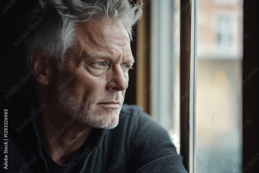Thoughtful man gazing out of a window during a quiet afternoon Thoughtful man gazing out of a window during a quiet afternoon