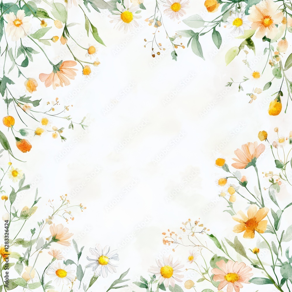 Floral Frame: A delicate floral frame, showcasing an abundance of daisies and delicate wildflowers with pastel-colored petals and vibrant green foliage. evoking feelings of tranquility. Floral Frame: A delicate floral frame, showcasing an abundance of daisies and delicate wildflowers with pastel-colored petals and vibrant green foliage. evoking feelings of tranquility.