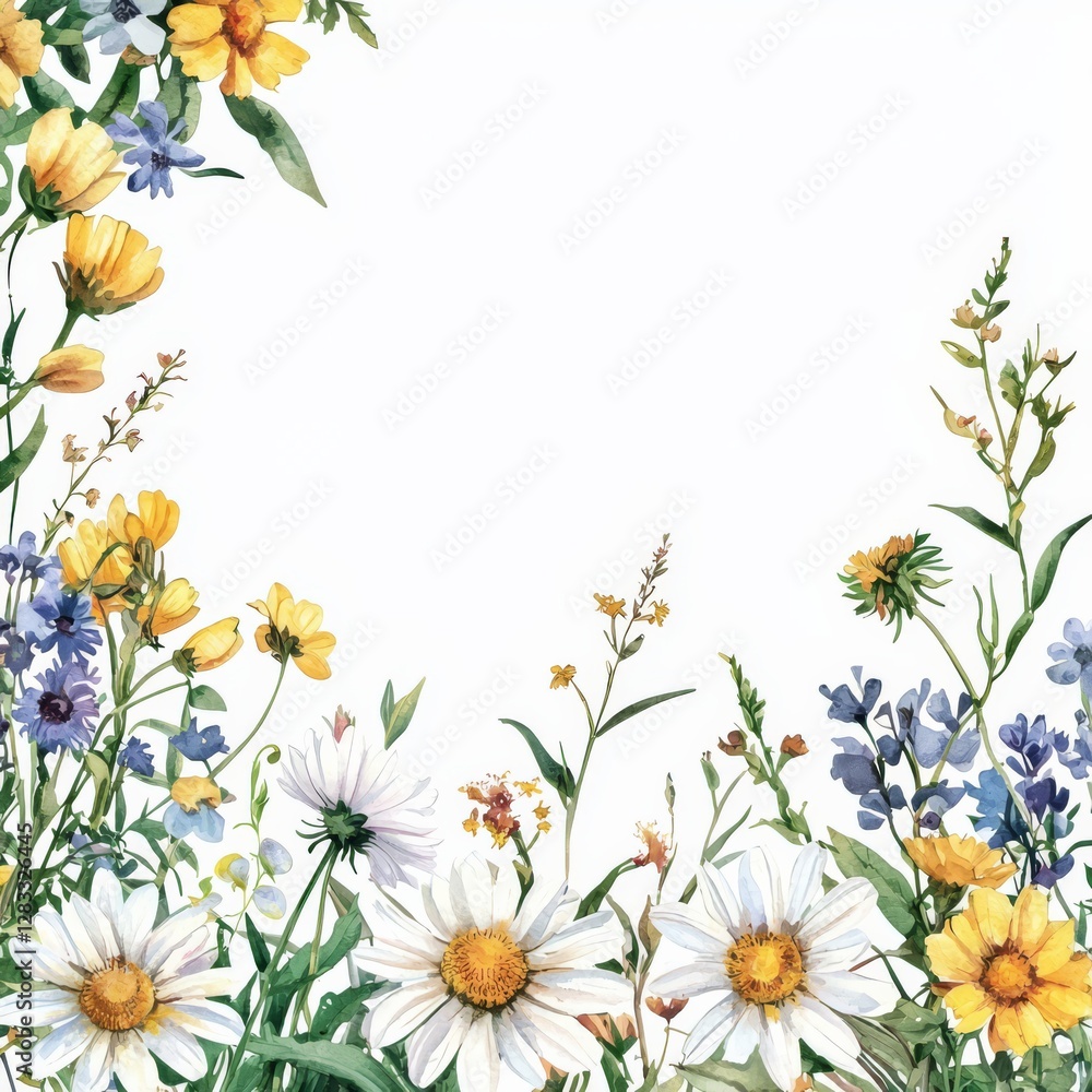 Obraz premium Floral Border Delight: A captivating floral arrangement, showcasing a mix of vibrant daisies and delicate wildflowers, rendered in watercolor.