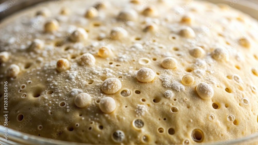 Close-up of bubbly sourdough bread dough starter with tiny air bubbles and a slightly sticky surface, revealing the natural yeast fermentation process , artisanal, yeast-culture Close-up of bubbly sourdough bread dough starter with tiny air bubbles and a slightly sticky surface, revealing the natural yeast fermentation process , artisanal, yeast-culture