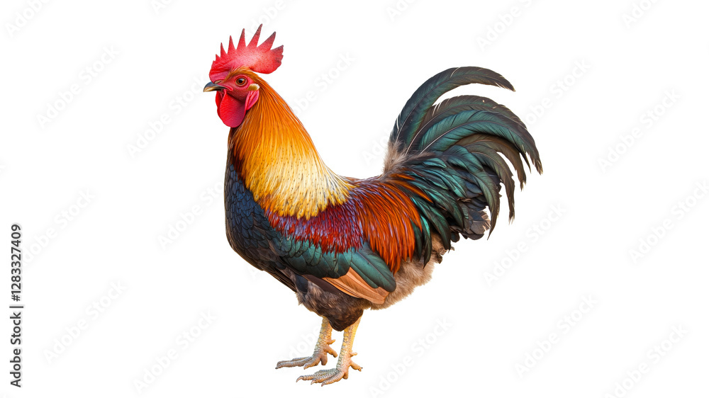 Fototapeta premium Colorful rooster standing proudly in bright light