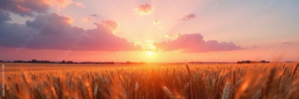 Soft pink clouds float above golden wheat field as sunset fades slowly, nature, Soft pink clouds float above golden wheat field as sunset fades slowly, nature,