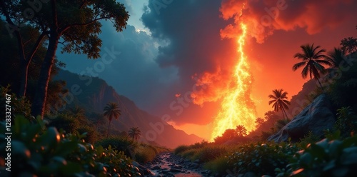 Blazing meteoric fireball illuminates jungle floor, jungle, meteor, meteorite