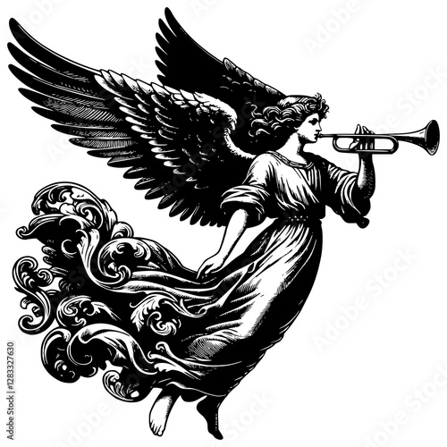 Divine Herald: An exquisite illustration of an angel, captured in flight, playing a trumpet. This monochrome artwork evokes a sense of ethereal beauty and spiritual grace.