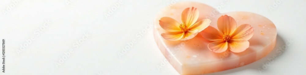 Delicate apricot flowers on a heart-shaped calcite plate, background, white, heart shaped Delicate apricot flowers on a heart-shaped calcite plate, background, white, heart shaped