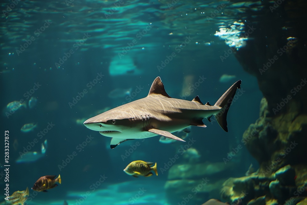 Fototapeta premium Swimming in clear blue water with a shark and colorful fish