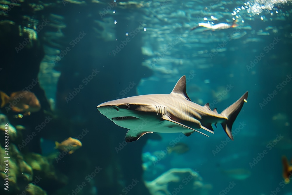 Fototapeta premium Swimming through clear blue water, a shark glides gracefully in its underwater habitat