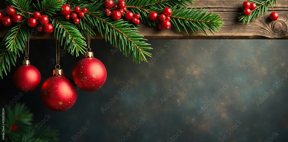 Red berries and green fir ornaments hang from wooden beam, red berries garland, red berries Red berries and green fir ornaments hang from wooden beam, red berries garland, red berries