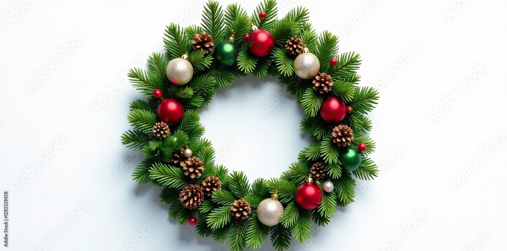 Wreath made of fir and spruce branches with ornaments, white background, ornament, snowflake Wreath made of fir and spruce branches with ornaments, white background, ornament, snowflake