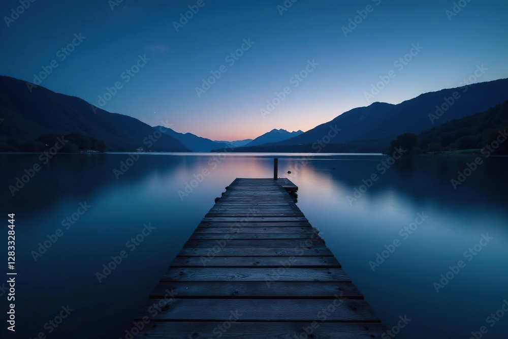 Fototapeta premium wooden pier stretching across calm lake surface at night, calm, darkness, night