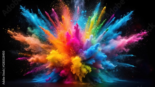 Vibrant colored powders erupting in a dynamic explosion against a sleek black background, creating a mesmerizing visual effect, dynamic effect, colorful graphics