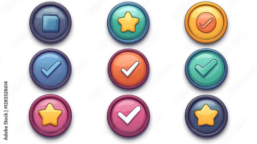 Circle buttons with cheese texture and symbols of search, mail, home, star, arrows, delete, check and cross mark. Vector cartoon set of web icons, ui elements for website or game user interface Circle buttons with cheese texture and symbols of search, mail, home, star, arrows, delete, check and cross mark. Vector cartoon set of web icons, ui elements for website or game user interface