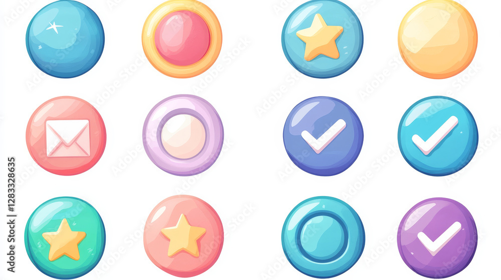 Circle buttons with cheese texture and symbols of search, mail, home, star, arrows, delete, check and cross mark. Vector cartoon set of web icons, ui elements for website or game user interface Circle buttons with cheese texture and symbols of search, mail, home, star, arrows, delete, check and cross mark. Vector cartoon set of web icons, ui elements for website or game user interface
