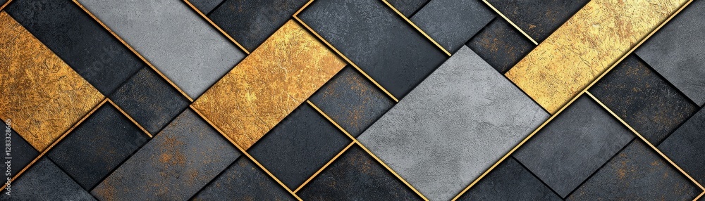 Fototapeta premium A textured tile pattern featuring gray, black, and gold, arranged in a modern herringbone design, ideal for elegant flooring or wall decor.