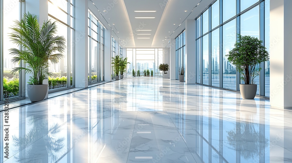 Empty modern lobby with city views, sunlit marble floors Empty modern lobby with city views, sunlit marble floors