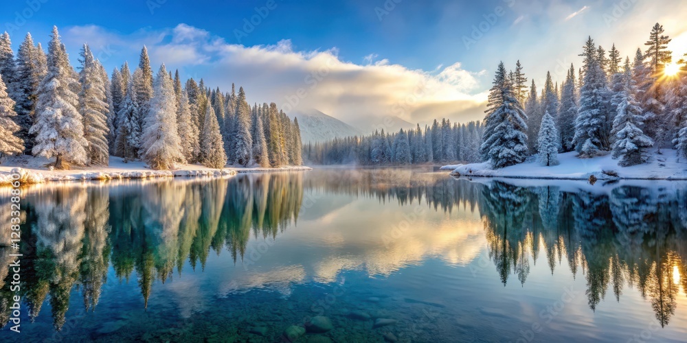 Obraz premium Frosty morning scenery of a peaceful lake surrounded by towering snow-capped evergreen trees with reflected sunlight on the frozen water , cold weather, beautiful winter landscape