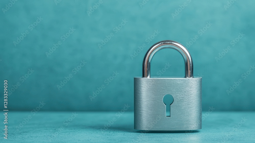 Fototapeta premium A metallic padlock stands on a turquoise background, symbolizing security and protection.