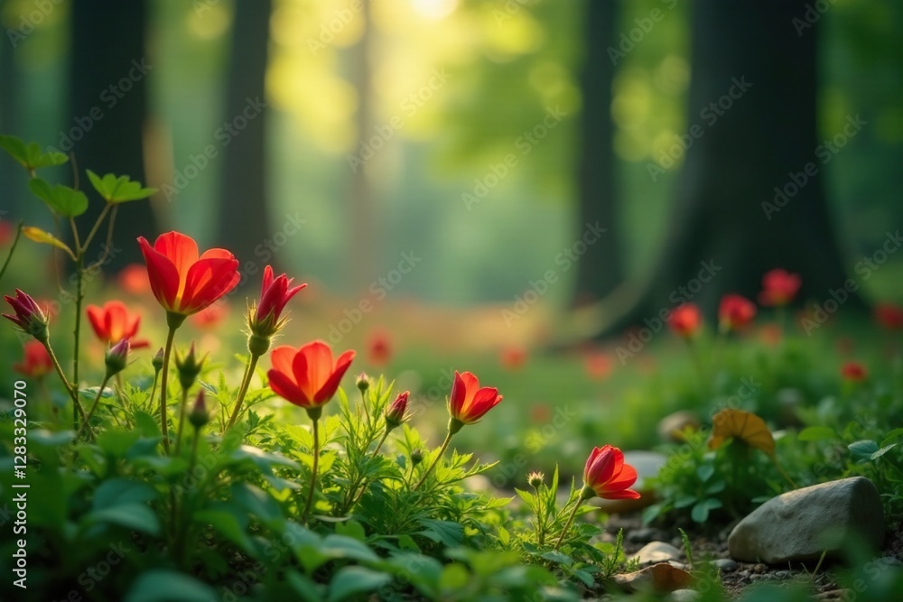 Soft petals of crimson wildflowers sway gently in the forest breeze, nature, forest, foliage Soft petals of crimson wildflowers sway gently in the forest breeze, nature, forest, foliage