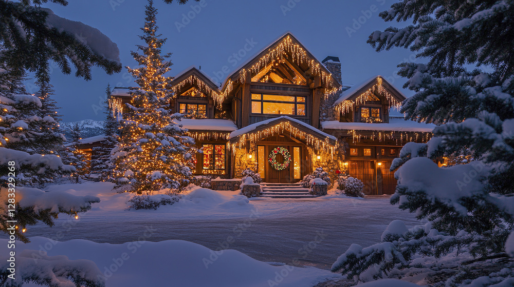 grand home adorned with icicle lights and snow creates festive atmosphere grand home adorned with icicle lights and snow creates festive atmosphere