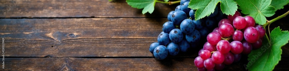 Dark wooden table with bunches of wild grapes and eucalyptus leaves, wood, texture Dark wooden table with bunches of wild grapes and eucalyptus leaves, wood, texture