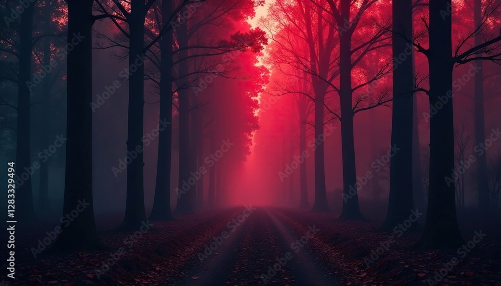 Dark forest with red smoky haze, trees bent in silence, atmosphere, fog Dark forest with red smoky haze, trees bent in silence, atmosphere, fog