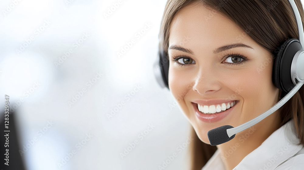 Smiling woman with headset working in call center Smiling woman with headset working in call center