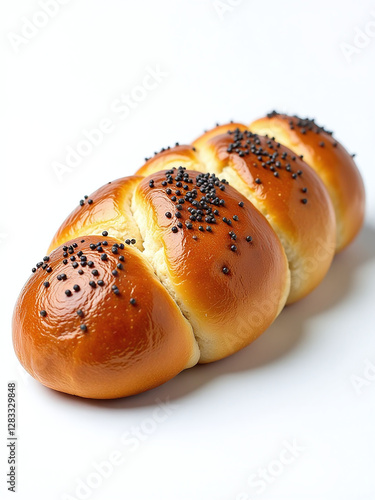 A Slice Of Braided Bread Sprinkled With Poppy Seeds Is Isolated On A Plain White Background In This Image. 00001