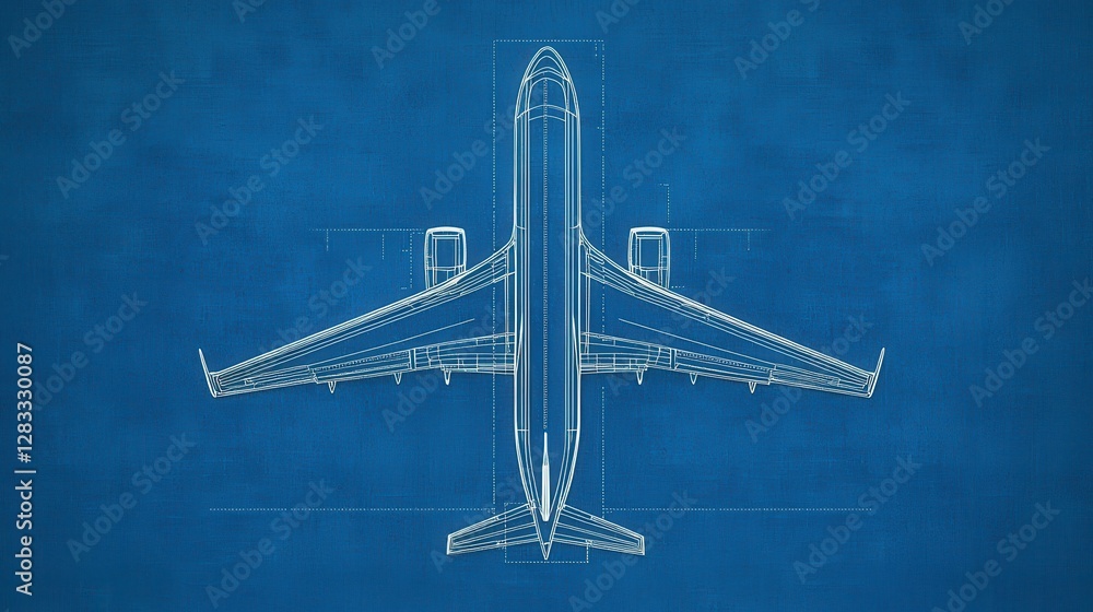 A blueprint of an airplane viewed from above, showcasing its detailed design and structure against a blue background.