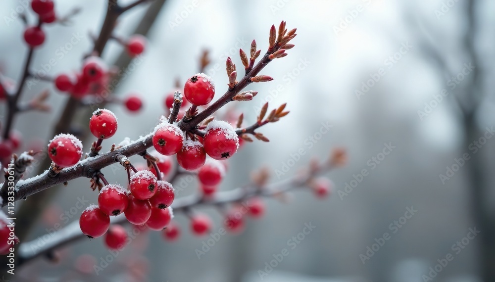 Red berries on Ilex aquifolium branches against a grey sky in winter, plant, nature, branch Red berries on Ilex aquifolium branches against a grey sky in winter, plant, nature, branch