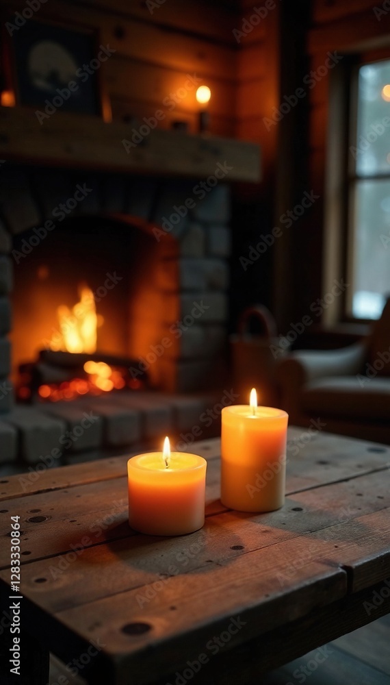 Wooden table with glowing candles and fireplace background, cabin, warm glow, wooden table Wooden table with glowing candles and fireplace background, cabin, warm glow, wooden table