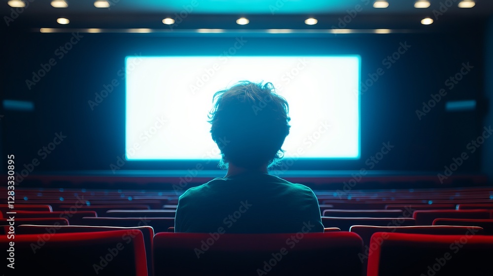 Person Watching Movie in Empty Theater with Bright Screen and Red Seating Arrangement Person Watching Movie in Empty Theater with Bright Screen and Red Seating Arrangement