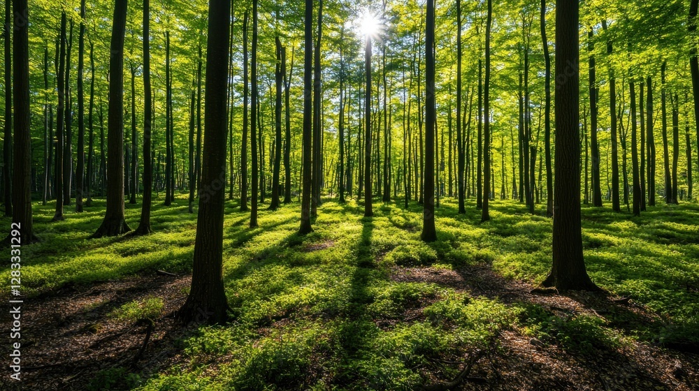 Obraz premium Sunlit Forest: A Tranquil Springtime Scene