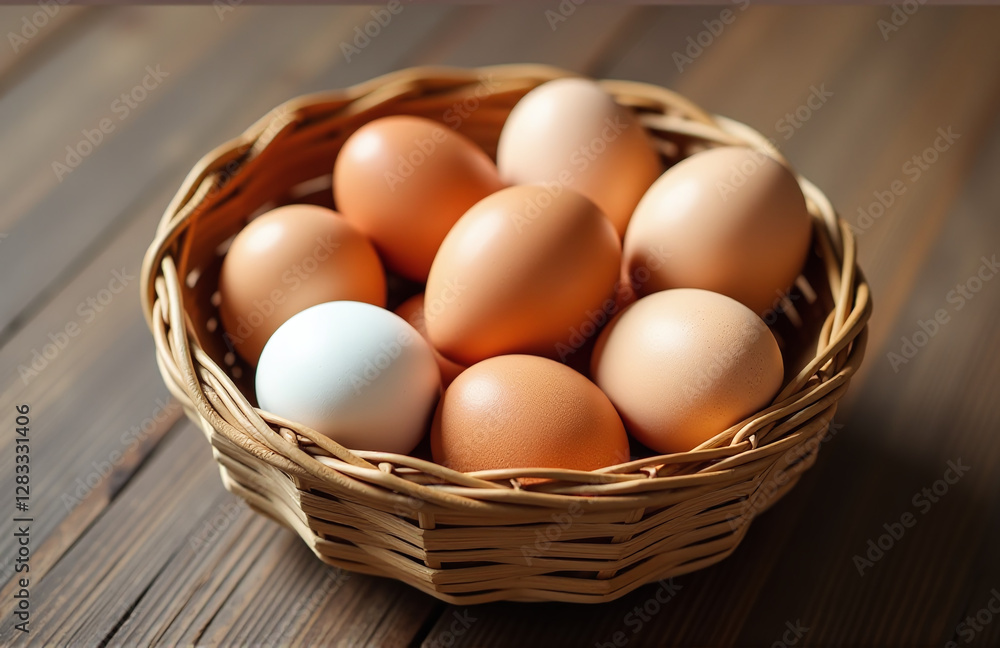A Rustic Basket Filled With Freshly Laid Brown And White Chicken Eggs Against A Natural Wooden Textured Surface. 00002 A Rustic Basket Filled With Freshly Laid Brown And White Chicken Eggs Against A Natural Wooden Textured Surface. 00002