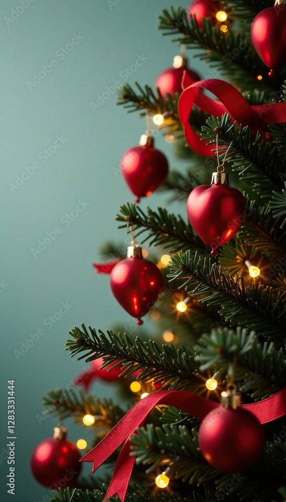Festive Christmas tree branches with red heart balloons, twinkle lights, ribbon wraps, joyful atmosphere Festive Christmas tree branches with red heart balloons, twinkle lights, ribbon wraps, joyful atmosphere