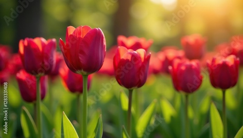 Field of burgundy tulips with sunlight filter, earthy tones, flowers in the garden, dappled shadows
