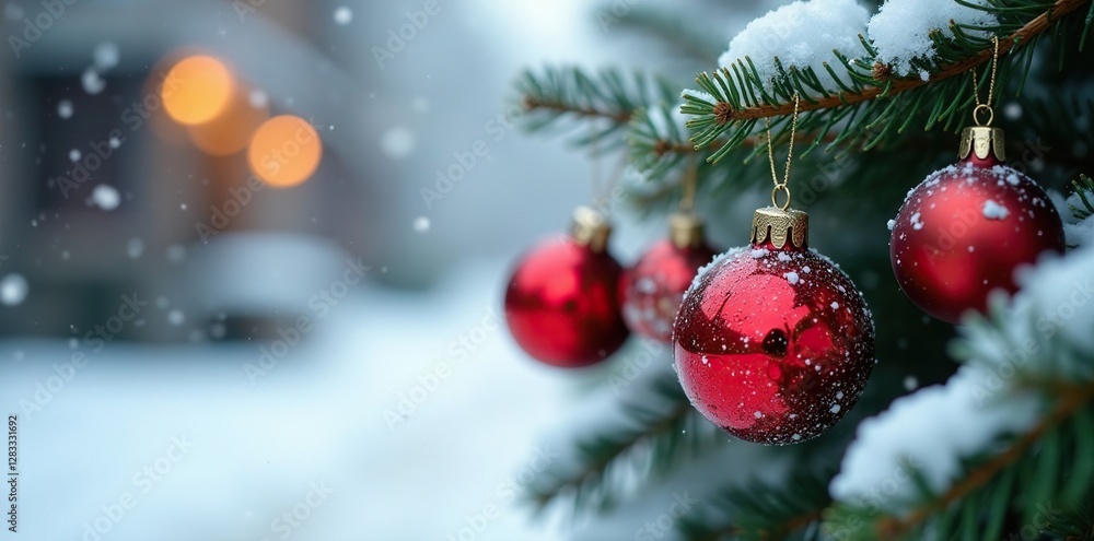 Red and white ornaments on a fir branch in the snow, snowy background, holiday decor, holiday color scheme Red and white ornaments on a fir branch in the snow, snowy background, holiday decor, holiday color scheme