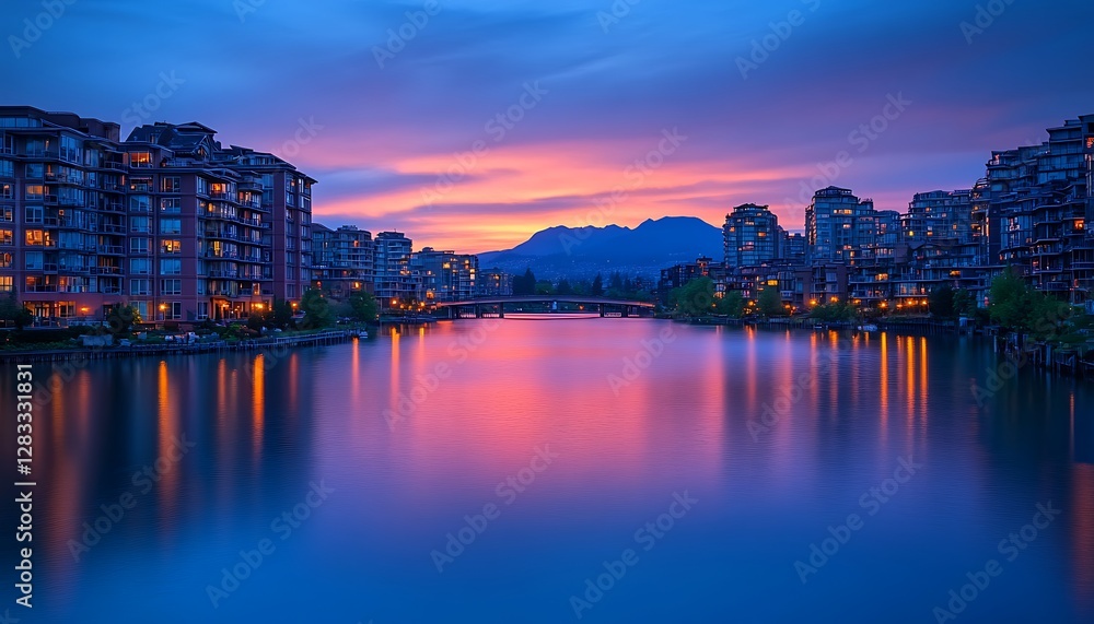 Obraz premium Urban River Sunset Reflection