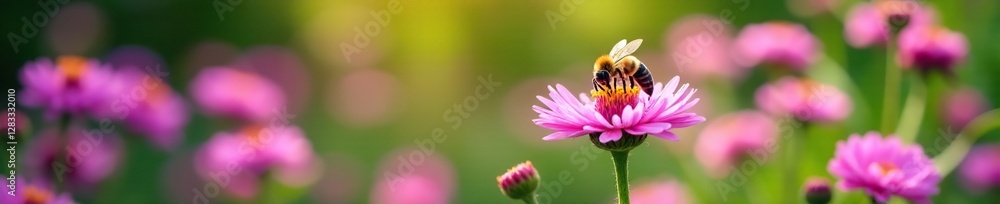 Bees collecting nectar from aster flowers in a garden landscape, pollination, bees Bees collecting nectar from aster flowers in a garden landscape, pollination, bees