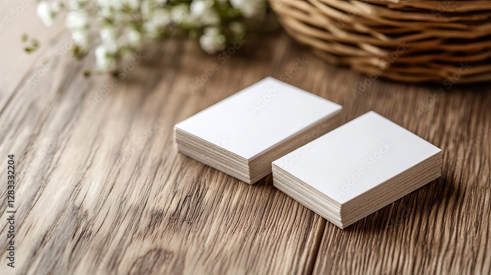 Two Blank Note Cards on Wooden Table Surrounded by Small White Flowers in a Basket Two Blank Note Cards on Wooden Table Surrounded by Small White Flowers in a Basket