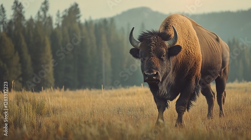 Majestic American Bison Roaming Freely in a Golden Meadow at Dusk with a Forest Background
