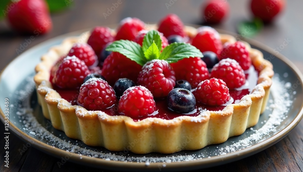 Red berry tart with powdered sugar and fresh mint leaves, sophisticated, elegant Red berry tart with powdered sugar and fresh mint leaves, sophisticated, elegant