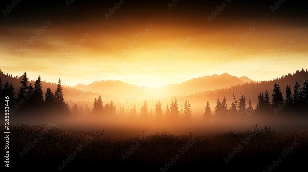 Obraz premium Serene Sunrise Over Misty Forest Landscape in Golden Hour Light