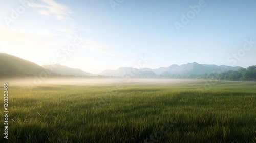 Tranquil Morning Landscape With Mist Over Grassy Field and Mountains