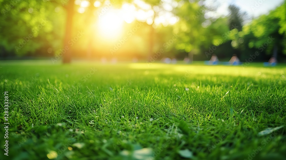 Sunlight Shining Through Green Trees Over Fresh Grass in a Beautiful Park Scene Sunlight Shining Through Green Trees Over Fresh Grass in a Beautiful Park Scene